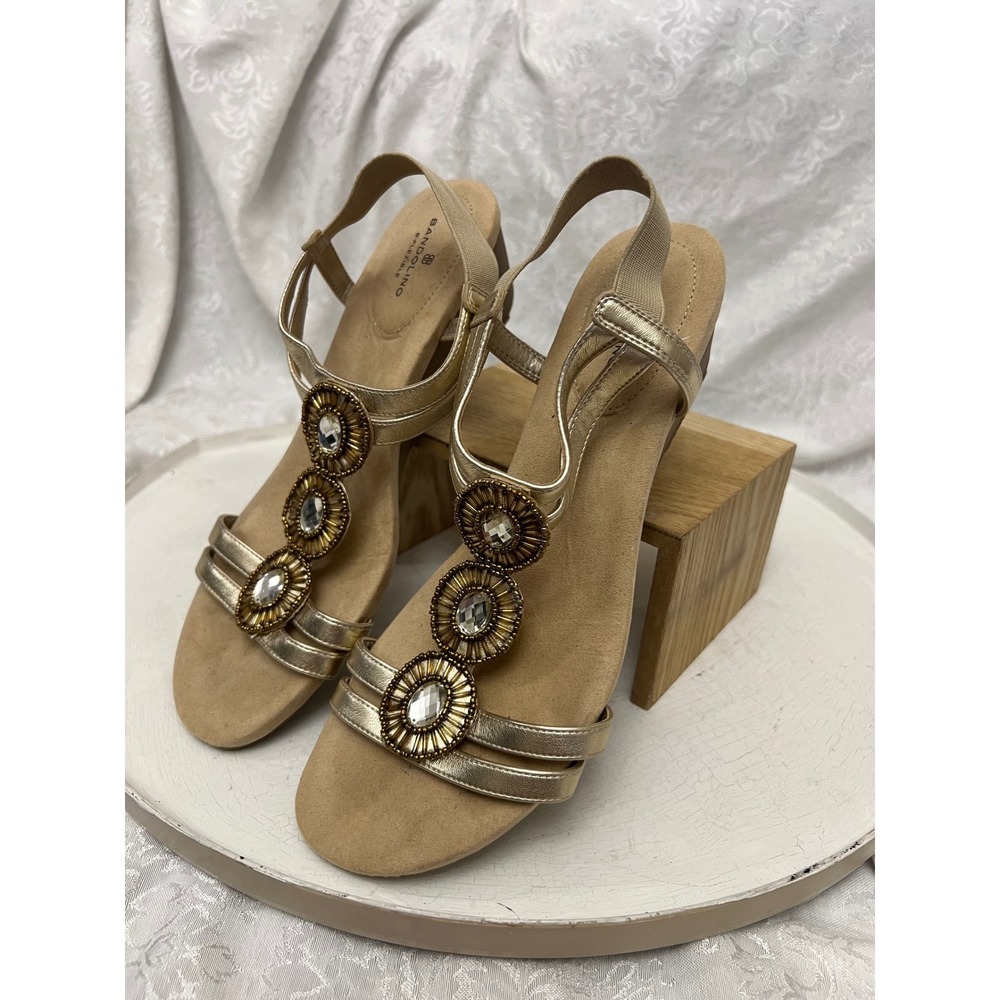 Bandolino Hibanna Gold Metallic Beaded Wedge Sandals Rhinestone T-Strap 10M
